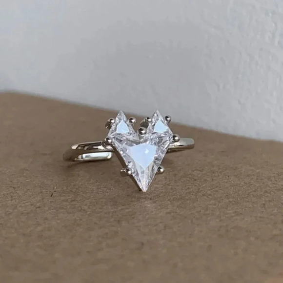 Silver Heart Ring CZ Diamond Heart Ring Square Ring Unique Irregular Silver Ring - Picture 2 of 5